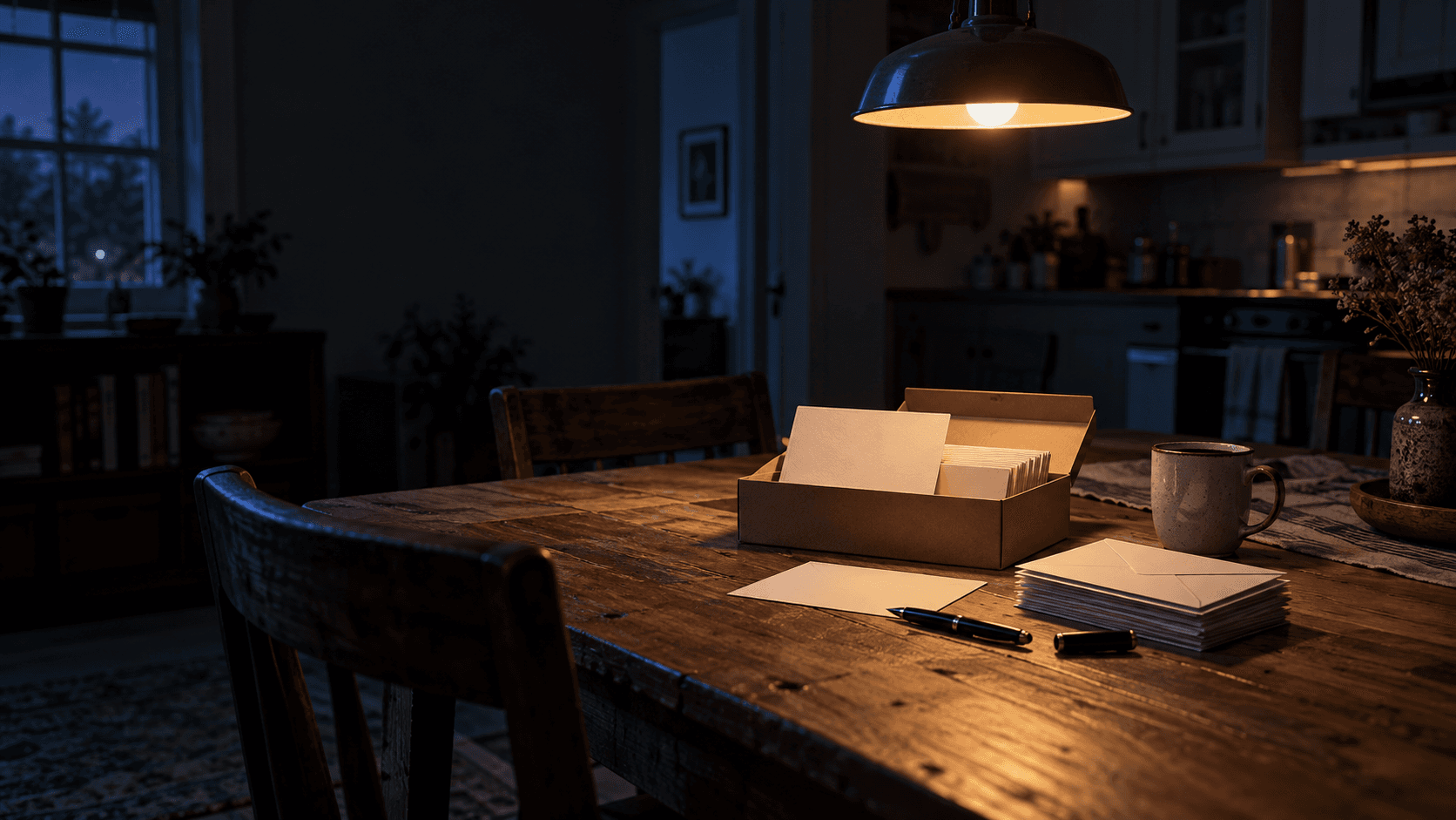 Unwritten wedding thank-you cards on a table at night, a quiet image of infidelity in new marriages