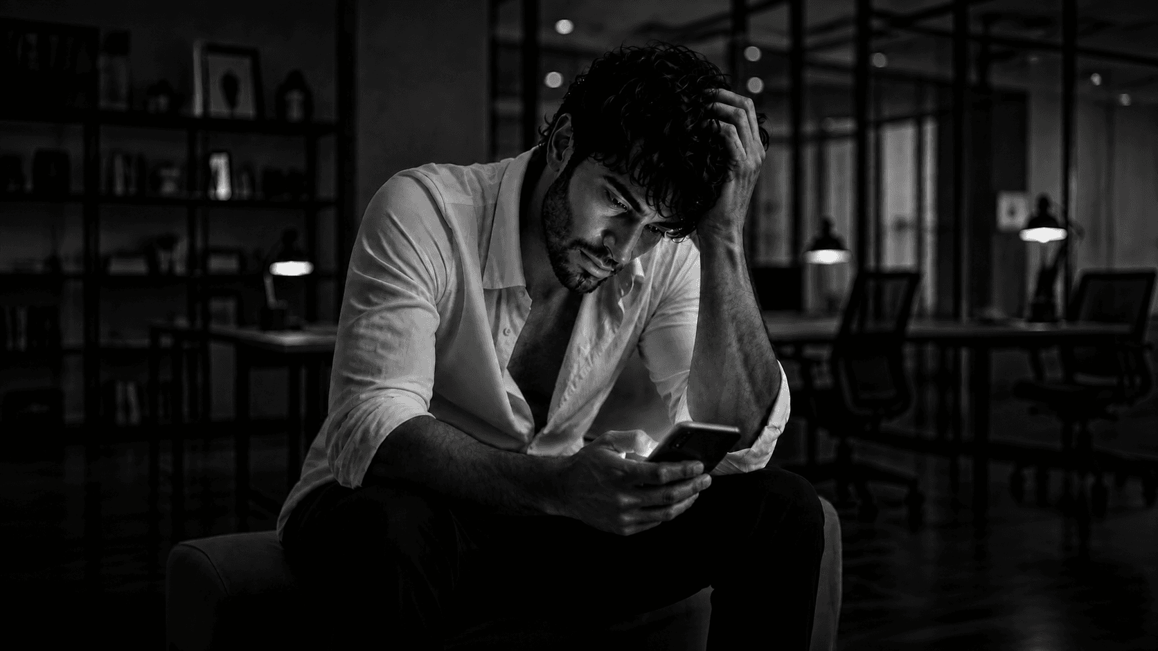 Man sitting alone in a dark office at night looking at his phone, illustrating depression and divorce