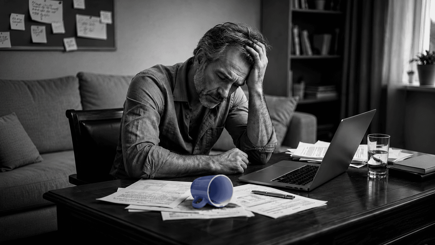 "Black and white photo of a stressed middle-aged man sitting at a desk, head in hand, looking down at paperwork and an open laptop, with a coffee mug and glass of water nearby."