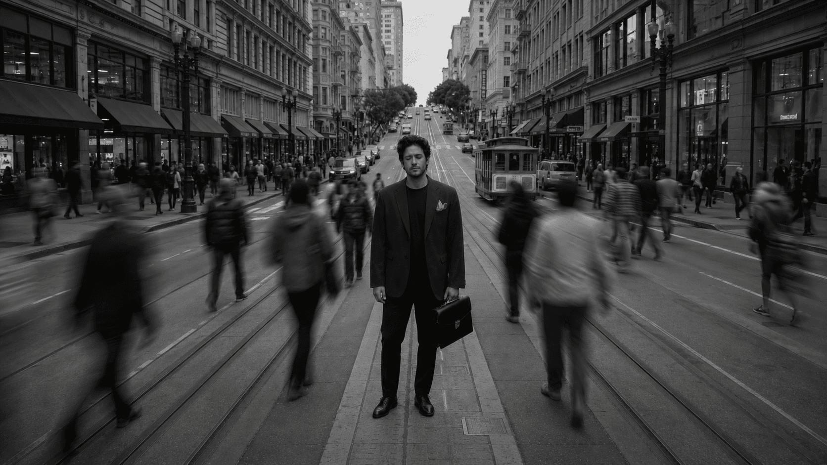 A still figure standing alone amid a rushing city crowd, evoking getting over infidelity and moving forward at your own pace.