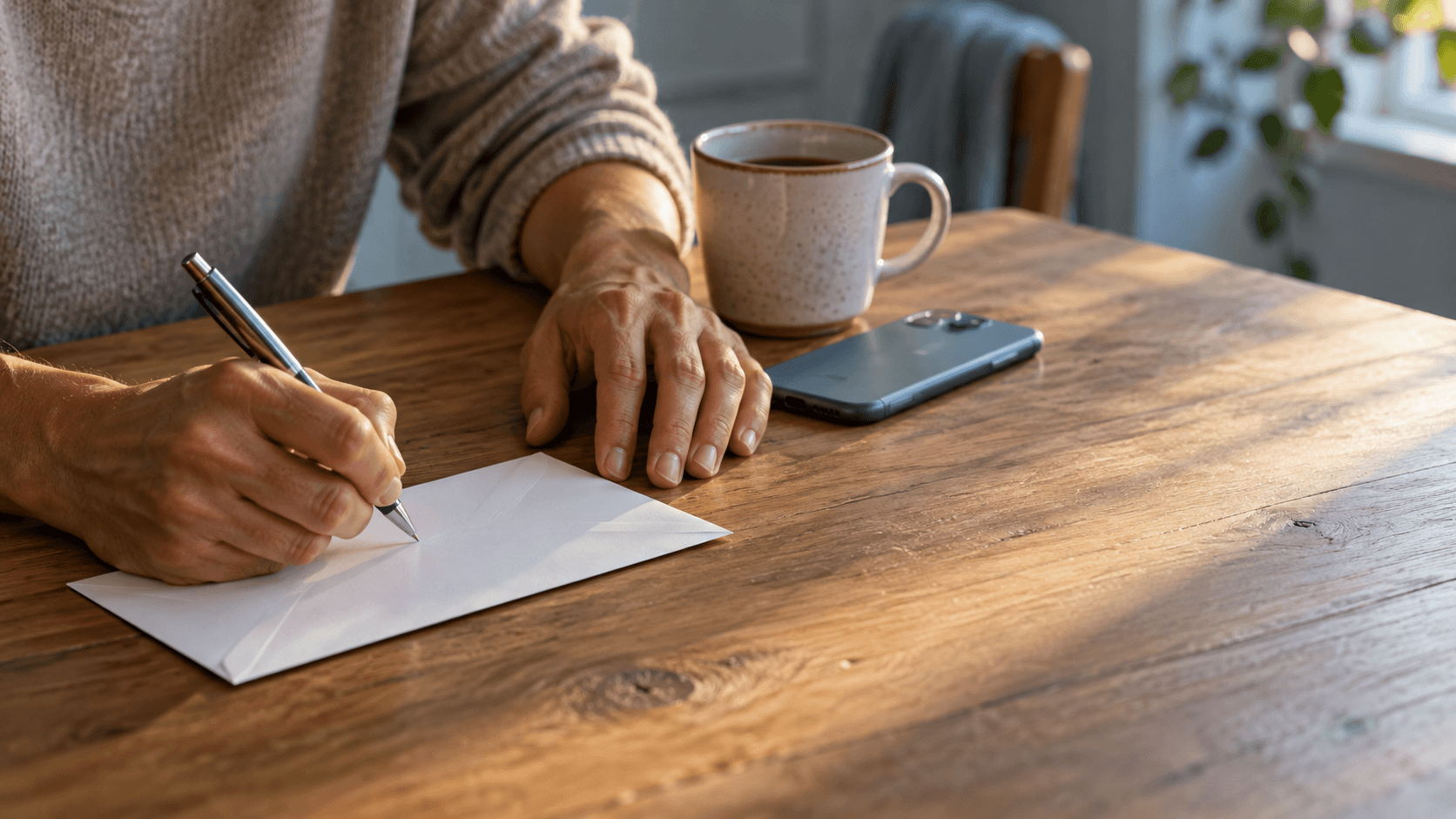 Hands writing a meeting time on an envelope at a kitchen table beside a phone and a mug