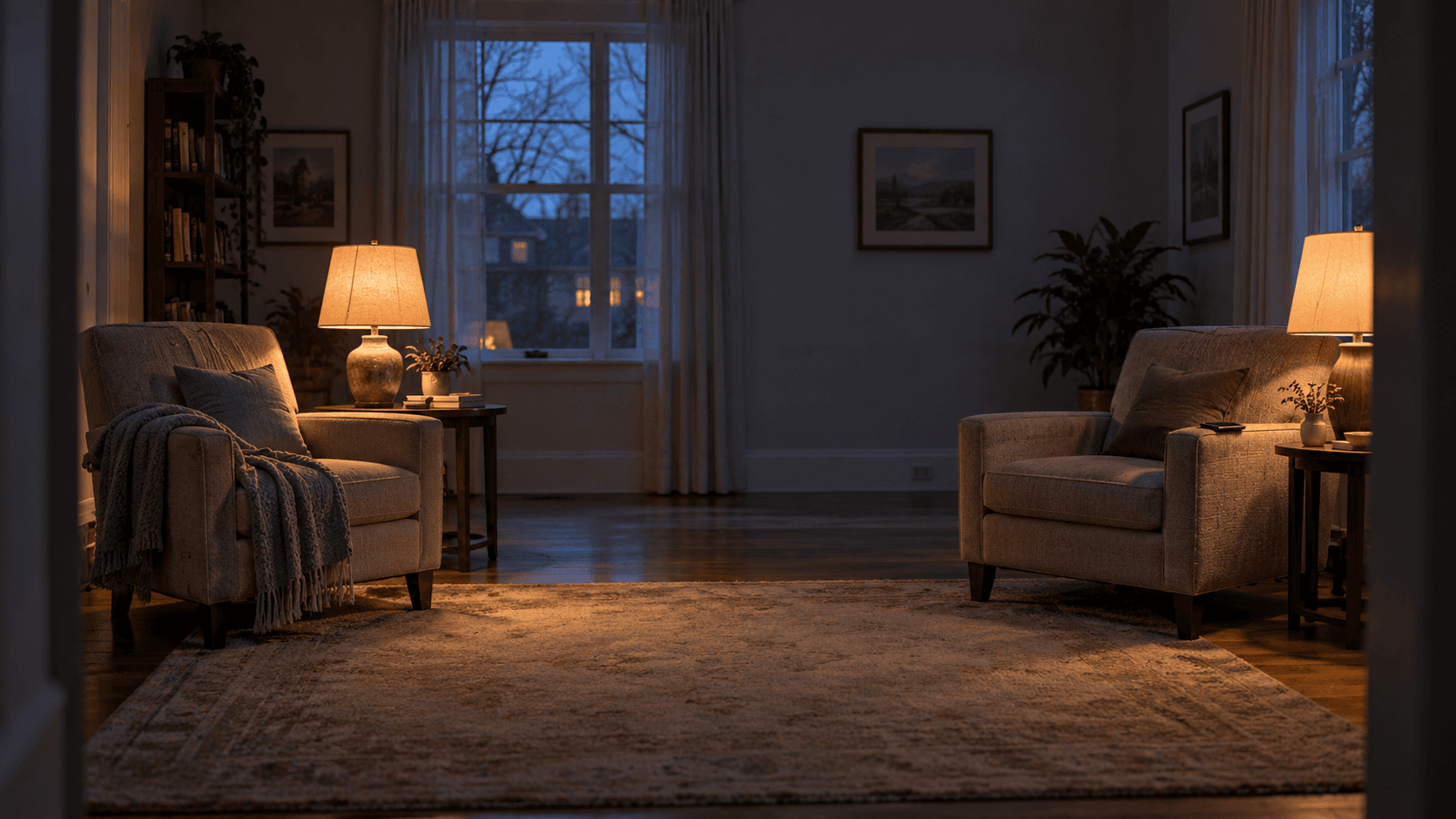 Two armchairs angled apart under separate lamps in a quiet living room, a picture of distant relationships