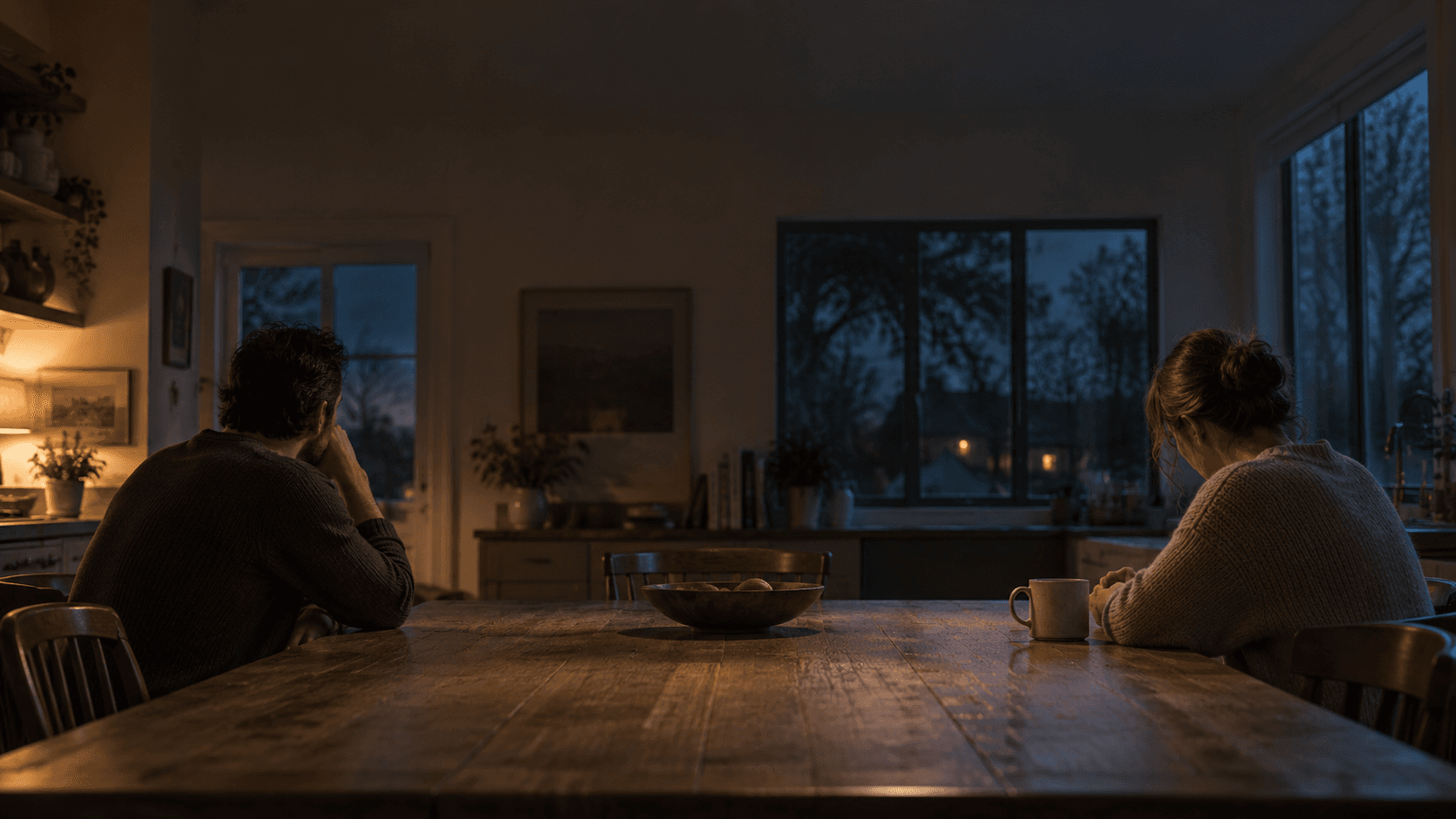 Marriage communication gone quiet: couple at a kitchen table at night, seated apart, both looking away from each other