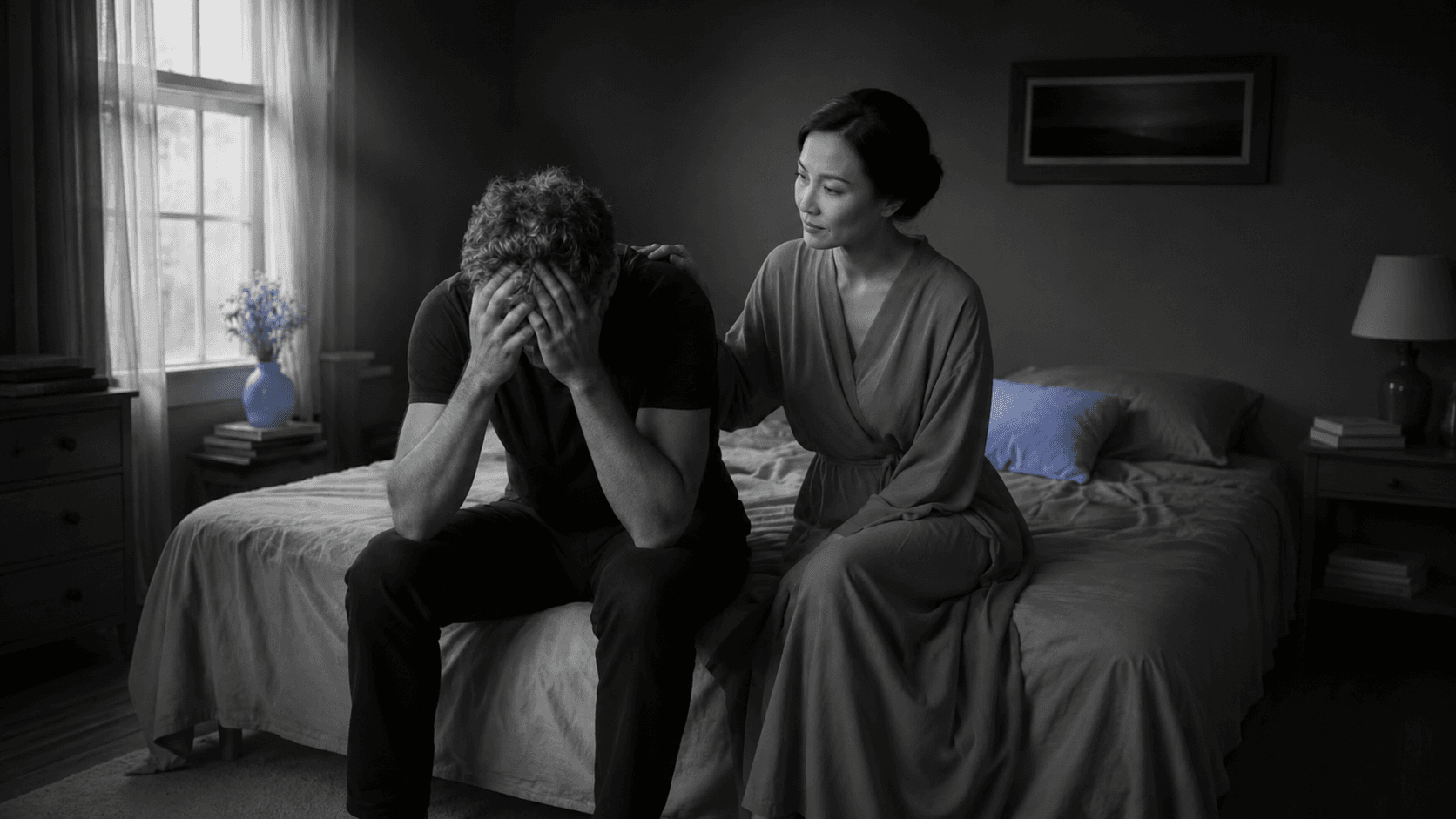 A distressed man comforted by his partner on the edge of a bed, a scene about how to know if a cheater will cheat again.