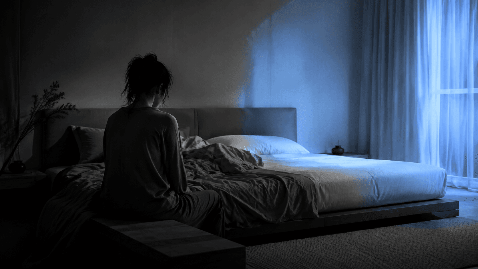 Woman sitting alone at night on the edge of a bed, one side untouched, illustrating the isolation behind why women cheat
