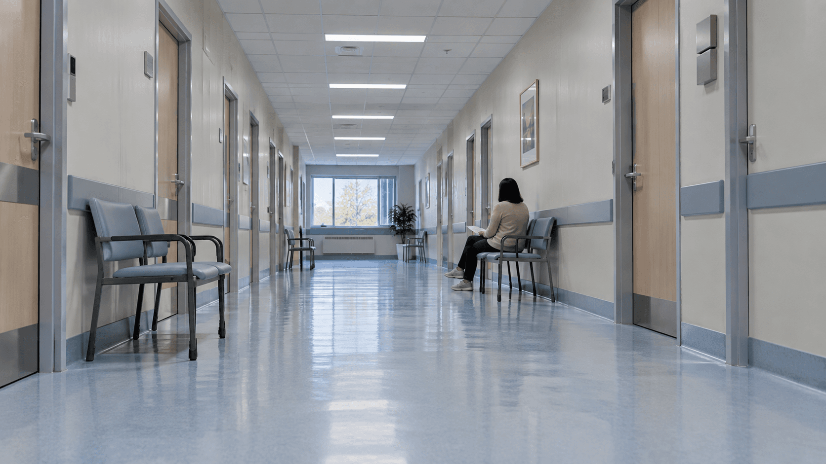 Wide view of a hospital corridor with one person seated small on a bench at the far end, back to the camera