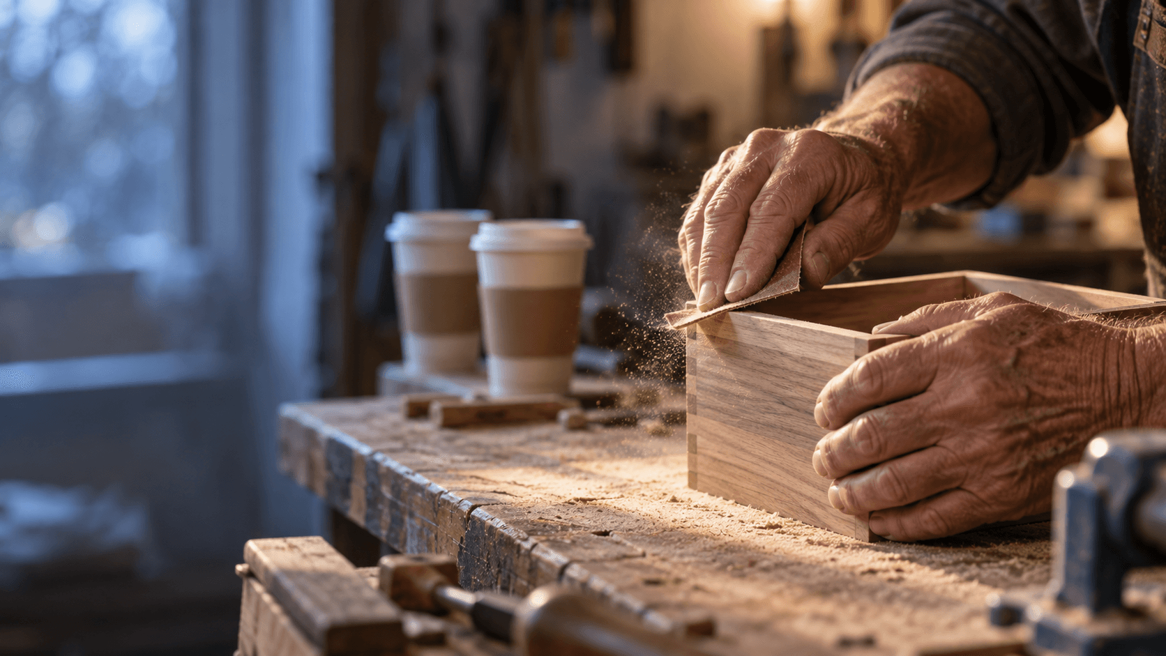 Older man's hands sanding a small wooden box beside two coffee cups on a workbench