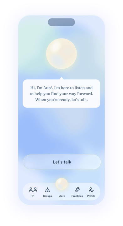 Vista previa de la app Auré: un orbe luminoso te da la bienvenida, con el botón Let's talk debajo y las pestañas 1:1, Groups, Auré, Practices y Profile.